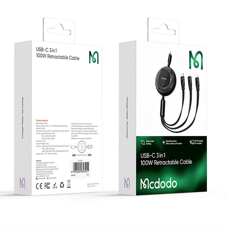 کابل تایپ سی سه سر 100 وات مک دودو